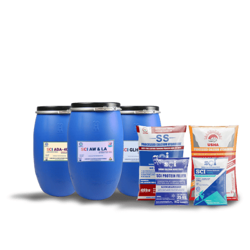Sarah Calcium Industries complete B2B chemical product lineup — Hydrated Lime, Protein Filler, ADA40 Degreaser, AWLA Anti-Wrinkle, and GLH Softener wholesale packages